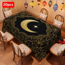 1/20pcs Set Tablecloth, Crescent Moon & Star Pattern, Arabic Style, Islamic Festival Decor, Elegant Black & Gold Design, Suitable For Kitchen, Dining Room, Party, Gift, Home Decoration - Multicolor - View 12