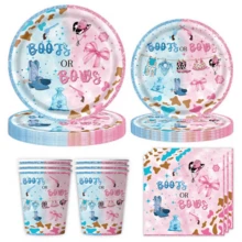 10pcs/20pcs/50pcs/80pcs,Western Cowboy Boots Or Bows Gender Reveal Party Set ,Pink Blue Gender Reveal Party Boots Or Bows 7inch And 9inch Glitter Paper Plates,9oz Cups And Napkins Decoration,Cowboy Hat Bows Baby Gear Decor For Gender Reveal, Western Celebration Supplies - Multicolor - View 2