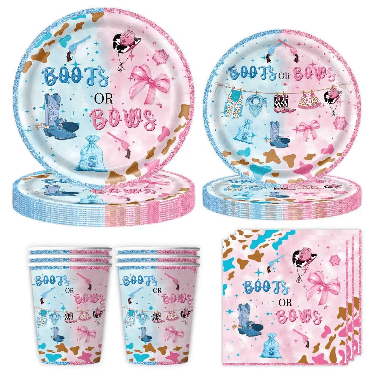10件/20件/50件/80件，西部牛仔靴或蝴蝶结性别揭晓派对套装，粉色蓝色性别揭晓派对靴子或蝴蝶结，7英寸和9英寸闪光纸盘，9盎司纸杯和餐巾纸装饰，牛仔帽蝴蝶结婴儿用品性别揭晓装饰，西部庆典用品 - 彩色 - 查看 1