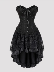 Jutrisujo Corset Dress And Skirt Set 2-Piece Style Plus Size Bustier Gothic Brocade Lace Costume Renaissance Halloween - 819black+7056black - 查看 1