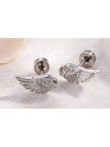 Pair Of Women's Fashion Ear Studs With Angel Feather Wings, Light Luxury Style, 1.12g925 Silver Inlaid Synthetic Synthetic Zirconia, Suitable For Daily Wear, Parties, Vacations, Gifts And Beach - Bạc - Xem 5