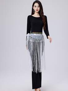 Faja de cadera con flecos largos y ribete de lentejuelas para danza del vientre de mujer, accesorio para actuaciones y práctica (disponible en varios colores) - Multicolor - Ver 11