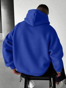 男士休闲街头风纽约标语印花口袋抽绳连帽衫，春秋季 - 藍色 - 查看 2