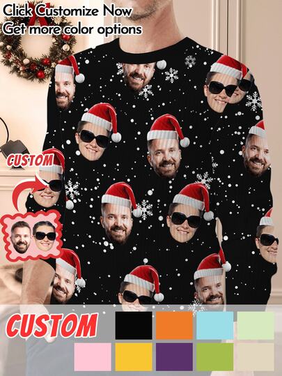 Custom Men's Autumn/Winter Casual Printed Crew Neck Faux Knit Sweater, Upload Your Own Photo To Create Personalized Holiday And Anniversary Apparel, Multiple Colors Available, Fun Christmas Hat Face Design, Simple Fashionable And Comfortable, Unique Gift For Boyfriend, Family And Friends