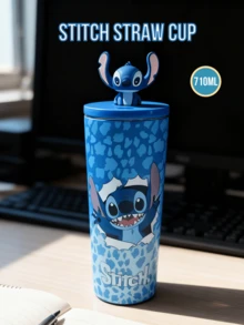星际宝贝3D立体史迪奇吸管杯（710毫升）——双层保温杯，蓝色豹纹印花，带有立体史迪奇图案和3D史迪奇杯盖，非常适合办公桌/旅行/日常补水，是粉丝/史迪奇收藏家/青少年的理想之选，也是生日/情侣的绝佳礼物。