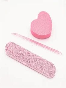 Set Of 3 Pink And Purple Sequin Nail Tools: Includes 1 Nail Buffer Block, 1 Heart-Shaped Double-Sided Sponge File, And 1 Strip-Shaped Double-Sided Nail File. Suitable For Manicures, Pedicures, And Polishing/Finishing In Jewelry Making, Featuring Shiny Pink Sequins. - Multicolor - View 3