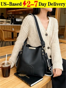 [US-Based Shipping] Black Metallic-Trimmed Bucket Bag With Contrasting Wide Shoulder Strap A Sophisticated, Niche-Market Shoulder Bag For Commuting And Casual Outings. Vintage-Inspired Bucket Bag Featuring A Detachable Chain Strap-A Spacious Convertible Shoulder And Crossbody Purse Crafted From Textured Material. Elegant Hand-Carry Tote For Everyday Commuting And Casual Outings. This Vintage-Inspired Bucket Bag Features A Detachable Chain Strap, Offering A Spacious Interior As A Convertible Shoulder And Crossbody Purse Crafted From Textured Material. It Also Serves As An Elegant Hand-Carry Tote For Daily Commutes And Casual Adventures. Bucket Bag, Chain Strap Purse, Shoulder Bag, Crossbody Bag, Vintage Style Bag, Roomy Tote, Convertible Bag, Hand Carry Bag, Textured Leather Bag, Everyday Purse, Commuting Bag, Casual Outing Bag, Elegant Shoulder Bag, Spacious Crossbody, Detachable Strap Bag, Minimalist Bucket Bag.In Casual Women Shoulder Bags - 彩色 - 查看 12