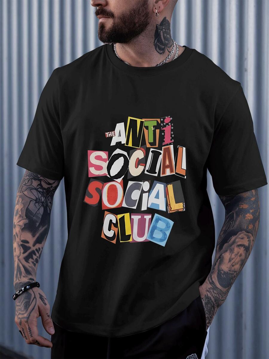 Cutout Collage Text Graphics Expressing Anti Social Club Attitude In Bold Playful Fonts Men's 100% Cotton Casual Graphic Tee - màu đen - Xem 1