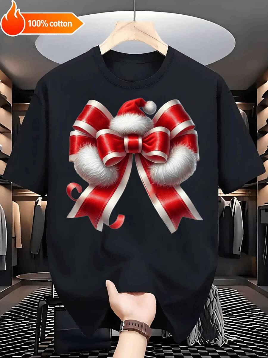 Festivo Retro Estampado Gorro de Papá Noel + Cinta Negro y Blanco Manga Corta - Suave Transpirable Algodón% 220g Ajuste Relajado Camiseta Unisex Tallas S-3XL para Fiestas Navideñas Ocio Diario Moda Estacional - Negro - Ver 1