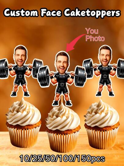 10/25/50/100/150 stuks, Gepersonaliseerde cupcakeversieringen met gewichthefthema, Gepersonaliseerde verjaardagsdecoraties voor de sportschool - Gepersonaliseerde fotogezichten - Gepersonaliseerde feestdecoraties, Feest- en vieringsdecoraties