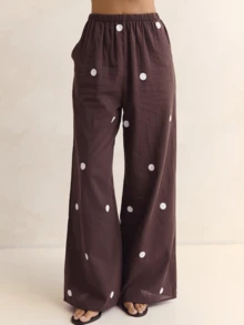 Women Streetwear Polka Dot 2 Piece Outfits Strapless Tube Top Double Slit Baggy Wide Leg Pants Set - 咖啡色 - 查看 6