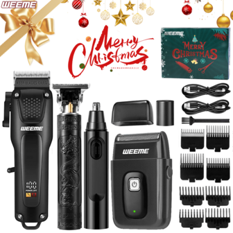  WEEME 男士专业理发器套装（4件/3件/1件），T型刀片理发器和修剪器套装，无线理发器套装，带剃须刀和鼻毛修剪器，LED显示屏，男士豪华圣诞礼物套装
