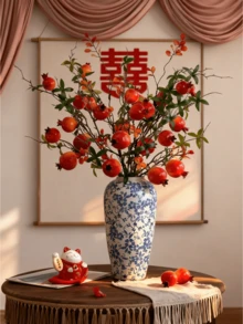 Artificial Pomegranate Floral Decor - Red Berry Branches, Dark Stems, Maintenance-Free, Suitable For Home, Office, Christmas, Halloween, Wedding And Party Decorations - Durable Autumn/Winter Harvest Theme Decor, Stylish Display, Realistic Berries, Designer-Level Decoration.