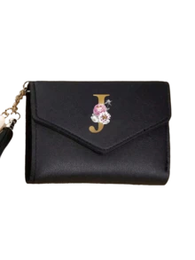 1个女士折叠短款钱包，黑色PU皮革材质，印有A-Z字母和粉色牡丹花图案，可爱女孩零钱包，时尚女士卡包迷你流苏钱包，防水便携，大容量，可存放信用卡、身份证、现金等，适合商务、休闲、大学、工作、通勤等场合，也可作为教师节礼物。 - 彩色 - 查看 18