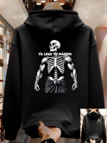 Men's Casual French Fleece Hoodie With Letter Print, Slightly Stretchy Knit Fabric, Loose Fit, Sweatshirt With Pockets, Couple Hoodies XQA9 - 黑色 - 查看 8