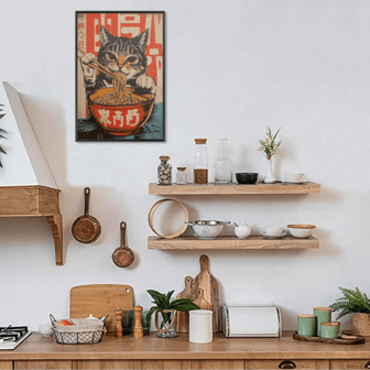 1 pièce Affiche rétro japonaise d'un chat mangeant des nouilles, impression sur canevas, décoration murale classique pour les chambres à coucher, les salons, les maisons et les dortoirs, décoration de chat, parfait pour la décoration de la pièce, peinture sur canevas pour la décoration intérieure de la maison, cadeau pour les fêtes et les anniversaires, décoration de bureau