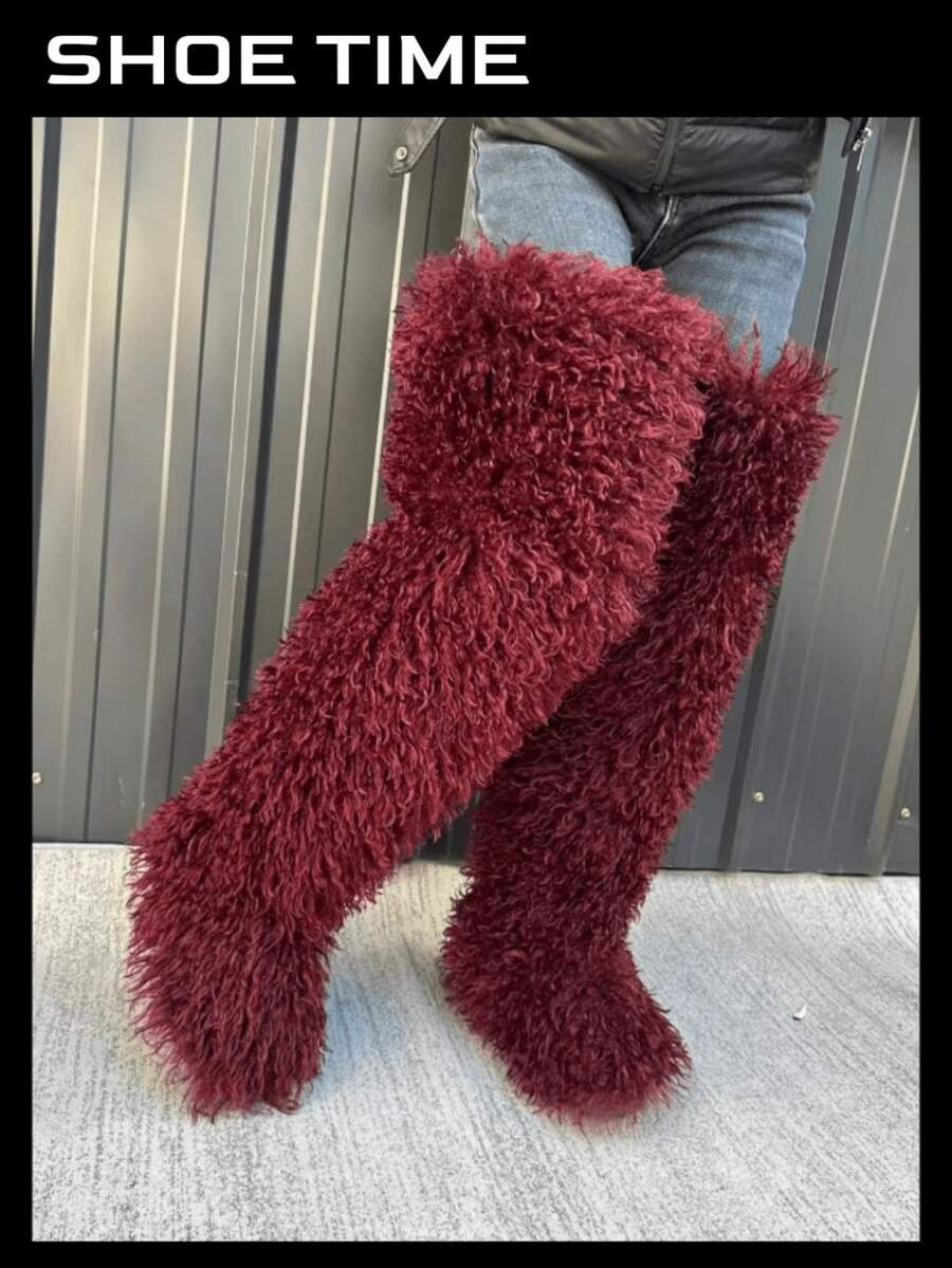 Women Over The Knee Thigh High Faux Fur Boots, Tall Fashion Fluffy Furry Boots - 酒紅色 - 查看 1