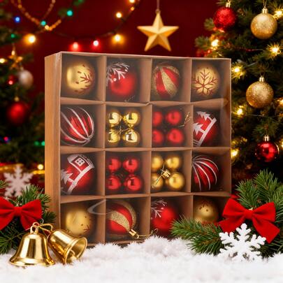 44 piezas/caja, bolas navideñas, bolas pintadas de rojo y dorado, adecuadas para fiestas navideñas, coronas, decoraciones para árboles de Navidad, diámetro 3-6 cm, se pueden usar como adornos para árboles de Navidad, regalos de Navidad, agregan ambiente navideño y también son adecuadas como fiestas navideñas, decoraciones de jardín y regalos de Navidad para familiares y amigos.