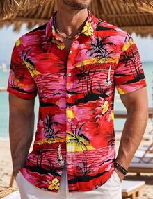 Hawaiian Shirt For Man Short Sleeve Button-Down Vintage Tropical Floral Print, Lightweight Breathable Summer Beach Shirt For Casual Vacation - B - Xem 1