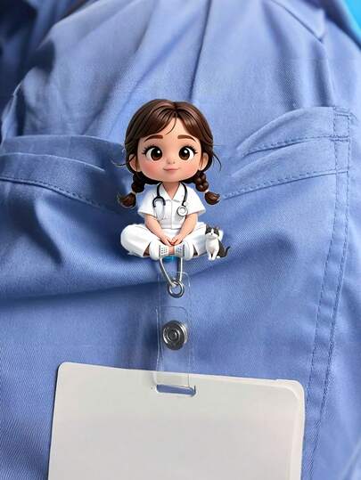 2D Flat Acrylic Nurse Girl ID Card Holder - Retractable Badge Reel, Durable Tag, Suitable For Medical Students And Practicing Nurses - Durable PMMA Material, For Workplace Identification, Medical Tag Clip | Cute Design | Durable Acrylic Material, Nurse Accessories, Back To School, Teacher Gift