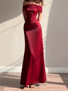 女士夏季露肩系带优雅派对连衣裙，酒红色，适合情人节、约会、聚会、派对、旅行、度假、海滩等场合 - 酒紅色 - 查看 6