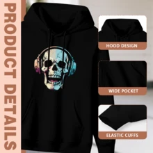 Skull With Headphones Graphic T - Shirt,Comfortable Casual Short Sleeve, 220 Grams Heavyweight Cotton Printed Hoodie,Hallowmas(1) - 款式30 - 查看 3