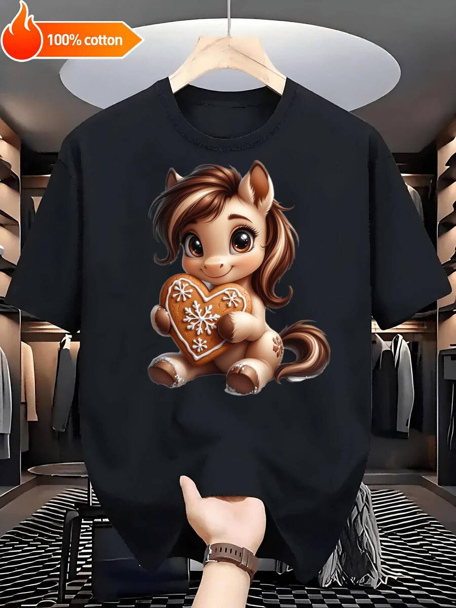 Cute Festivo Estampado Caballo de Jengibre + Corazones + Copos Negro y Blanco Manga Corta - Suave Transpirable Algodón% 220g Ajuste Libre Camiseta Unisex Tallas S-3XL para Fiestas Navideñas Ocio Diario - Negro - Ver 1