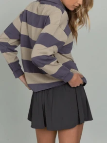 Women Long Sleeve Striped Polo Shirt Oversized Collar Y2k Pullover T Shirt Casual Loose Streetwear Rugby Sweatshirt - Màu tím - Xem 3