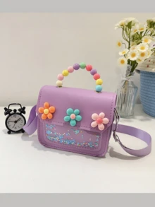 1pc Multi-Color Cute Floral & Pearl Decor Handbag, Student Shoulder Bag, Card/Coin Purse, Suitable For School, Commute, Gift, Daily Matching - Purple - View 2