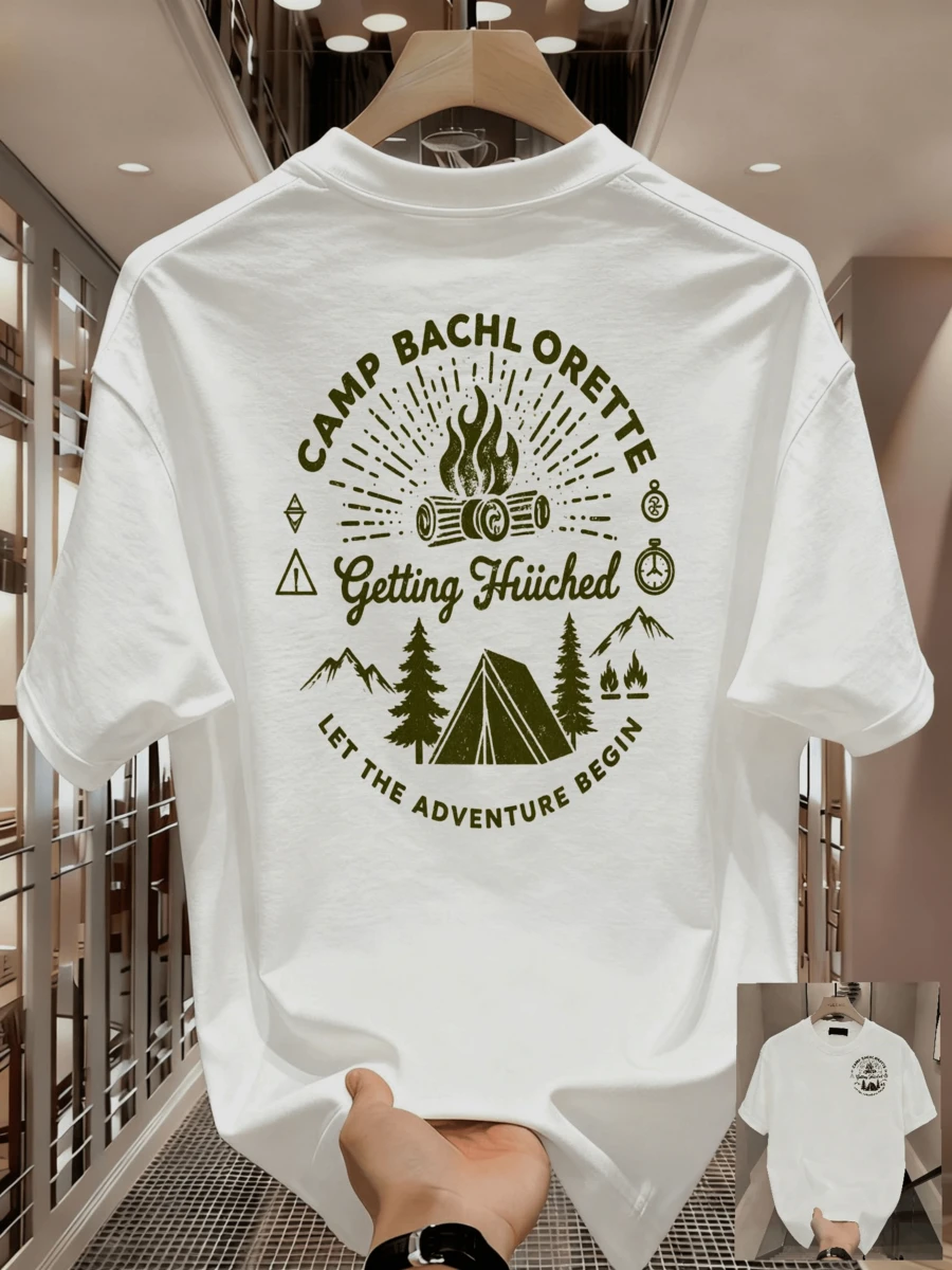 Men's Casual Campus T-Shirt, Cotton Print, Short Sleeve, Skin-Friendly, Breathable, Loose Fit, Drop Shoulder, Men's Casual Tees P4LH - 白色 - 查看 1