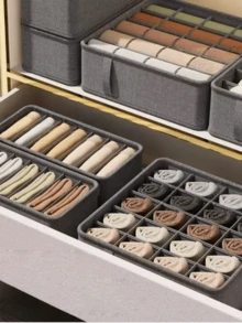 1个多隔层内衣收纳盒，多功能衣柜储物盒，可折叠隔板，多隔层设计衣柜抽屉收纳盒，适用于袜子、胸罩、内衣、领带，床底收纳盒 - 灰色 - 查看 7