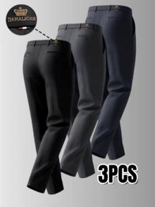 3pcs Men's Business Suit Pants, Solid Color Stretch Trousers, Straight Leg Casual Pants For Spring, Summer, Autumn, Winter