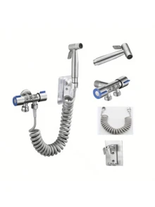 1 Set Stainless Steel Toilet Bidet Sprayer, Includes Bidet Sprayer, Hose, Adhesive Shower Holder, 1-To-2 Angle Valve, Pet Cleaning Sprayer, Handheld Toilet Cleaner, Pressurized Water Gun, Telephone Cord Hose Bathroom Bathroom Accessories Bathroom Tools - Silver - View 1