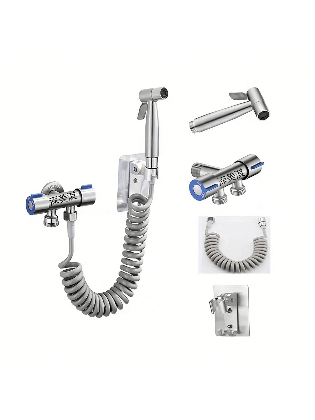 1 Set Stainless Steel Toilet Bidet Sprayer, Includes Bidet Sprayer, Hose, Adhesive Shower Holder, 1-To-2 Angle Valve, Pet Cleaning Sprayer, Handheld Toilet Cleaner, Pressurized Water Gun, Telephone Cord Hose Bathroom Bathroom Accessories Bathroom Tools - Silver - View 1