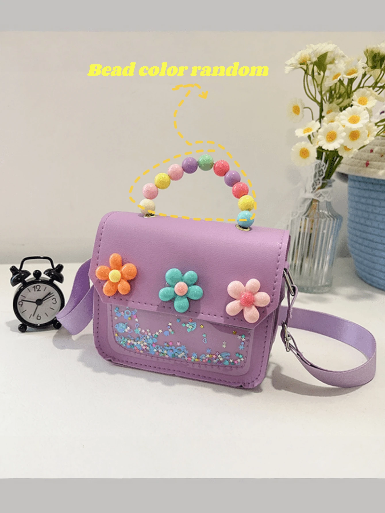 1pc Multi-Color Cute Floral & Pearl Decor Handbag, Student Shoulder Bag, Card/Coin Purse, Suitable For School, Commute, Gift, Daily Matching - Purple - View 1