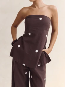 Women Streetwear Polka Dot 2 Piece Outfits Strapless Tube Top Double Slit Baggy Wide Leg Pants Set - 咖啡色 - 查看 4