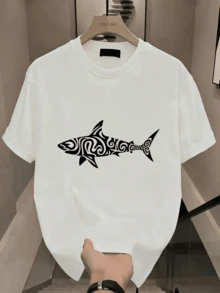 Men's 100% Cotton T-Shirt, Short-Sleeved Printed Cotton T-Shirt, Cotton Texture, Slim Fit, Clean Urban Style, Men's Cotton T-Shirt A8BQ - 白色 - 查看 1