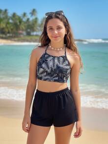 Three-Piece Bikini Set With Loose-Fitting, Lightweight Shorts, Perfect For Teens, Beach And Pool, With A Tropical Foliage Print. Lavin Basic. - 黑與白 - 查看 1