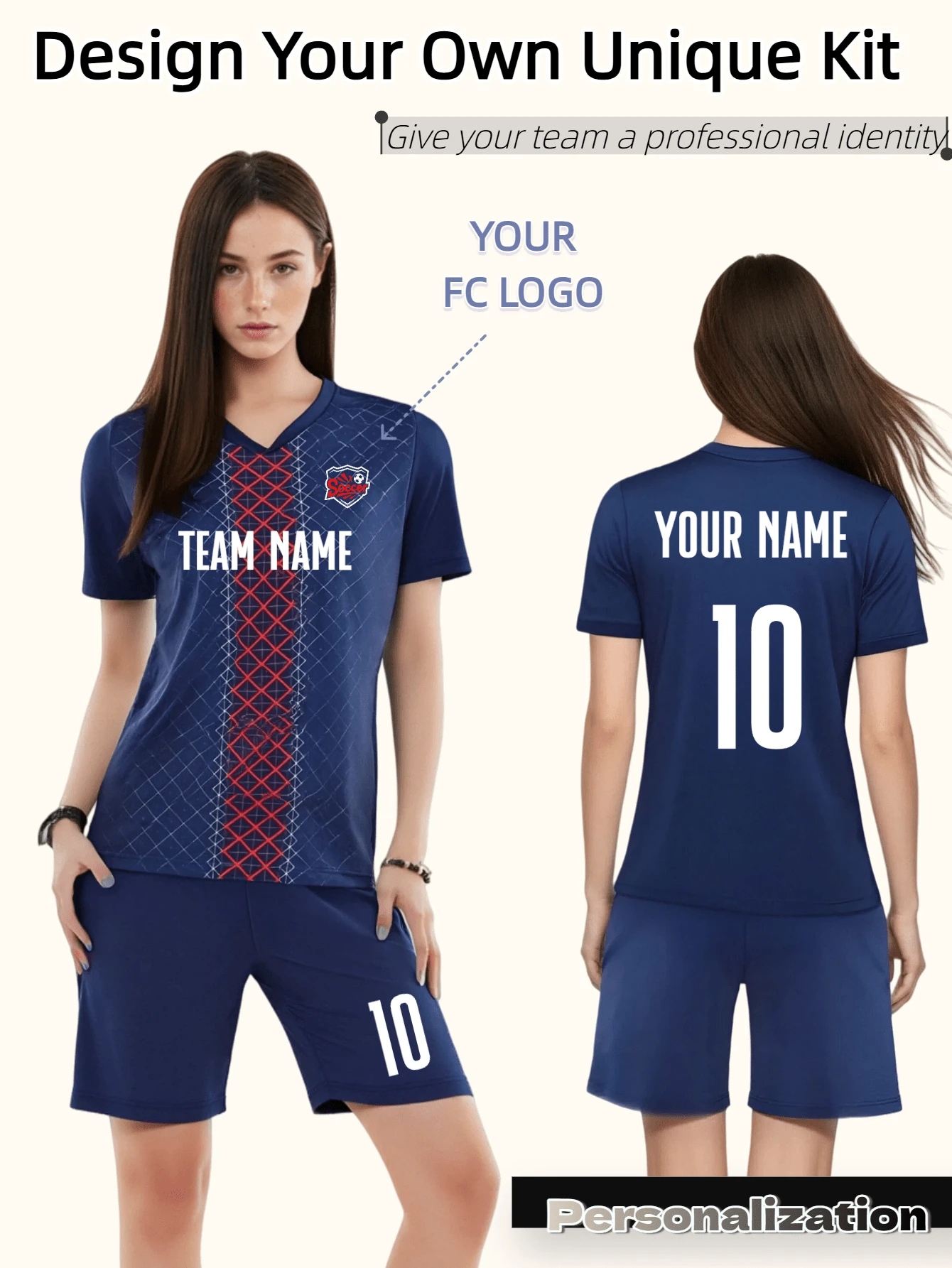 Bộ 2 áo bóng đá nữ tùy chỉnh - Tên và số cá nhân hóa, áo thun ngắn tay Paris thấm hút mồ hôi nhanh khô + quần short - Quà tặng thể thao phong cách câu lạc bộ bóng đá. Quà tặng Halloween, Lễ Tạ ơn, Giáng sinh và Năm mới. - Màu xanh lam - Xem 1