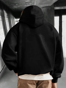 加大码男士保暖连帽衫，休闲百搭时尚套头卫衣 - 黑色 - 查看 2