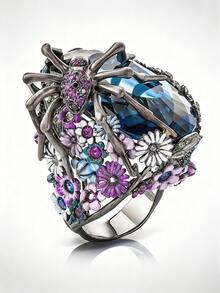 1 Piece Of Gothic Spider And Flower Diamond Personalized Women's Ring, Halloween Decoration, Suitable For Holiday Party Wear, Halloween Gift For Friends - 彩色 - 查看 1