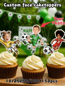 10/25/50/100/150pcs Personalized Football Face Cupcake Toppers, Customized Photo Face Football Theme Party Decorations, Sports Birthday Cupcake Toppers - Multicolor - View 1