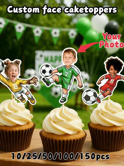 10/25/50/100/150 قطعة من الزينة المخصصة لموضوع كرة القدم لكعك الكب كيك - ديكورات صور مخصصة - ديكورات حفلة مخصصة، ديكورات الحفلات والاحتفالات، زينة كعك الكب كيك المخصصة لموضوع كرة القدم، مناسبة لأي حفلة ذات موضوع رياضي، وجه أطفال كرة القدم، زينة كعك الكب كيك بقميص كرة القدم، ديكورات الحفلات، زينة كعك الكب كيك لمشجعي كرة القدم، زينة كعك الكب كيك لحفلة عيد الميلاد، زينة كعك الكب كيك لحفلة كرة القدم، زينة كعك الكب كيك لحفل توزيع جوائز كرة القدم