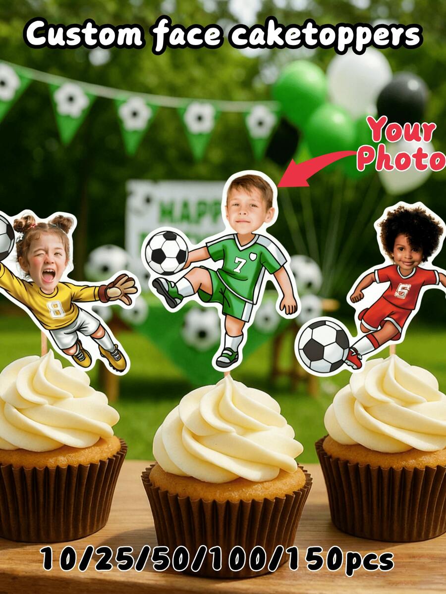 10/25/50/100/150pcs Personalized Football Face Cupcake Toppers, Customized Photo Face Football Theme Party Decorations, Sports Birthday Cupcake Toppers - Multicolor - View 1