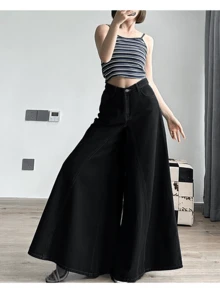 Quần jeans ống rộng dáng suông màu đen kiểu Mỹ mùa Xuân/Thu 2025 mới dành cho nữ, quần culottes ống đứng thời trang thường ngày. - màu đen - Xem 2