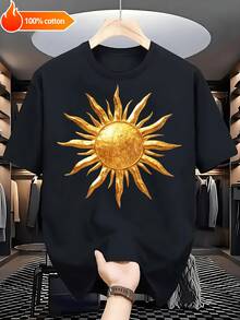 Masculino Luminoso Estampado Rayo de Sol Dorado Negro y Blanco Manga Corta - Suave Algodón% 220g Ajuste Libre Camiseta Unisex Tallas S-3XL para Todo el Año Ocio Diario - Negro - Ver 1