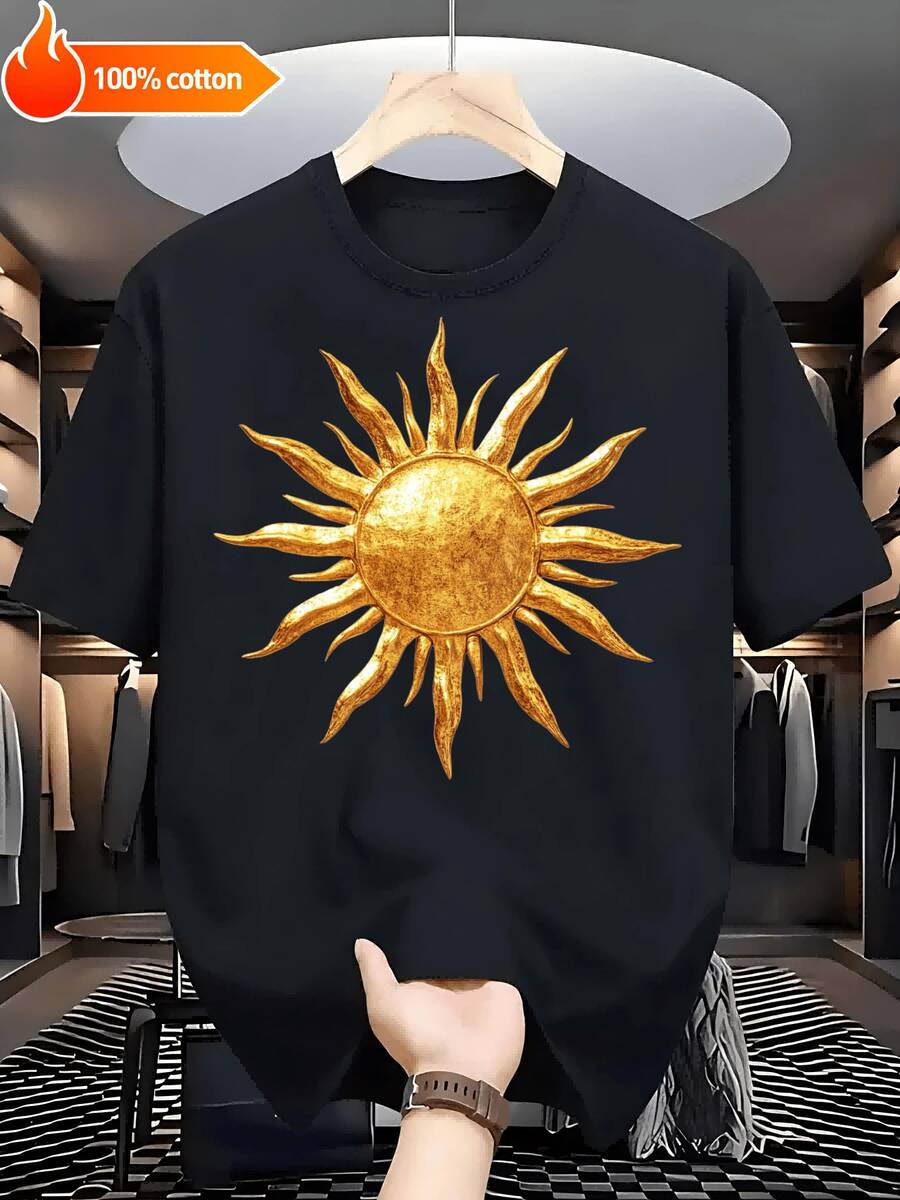 Masculino Luminoso Estampado Rayo de Sol Dorado Negro y Blanco Manga Corta - Suave Algodón% 220g Ajuste Libre Camiseta Unisex Tallas S-3XL para Todo el Año Ocio Diario - Negro - Ver 1