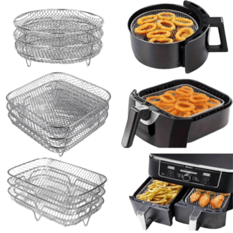 3 st/set tillbehör till airfryer, multifunktionella tillbehör till airfryer, stapelbart grillgaller, bakplåt i rostfritt stål, rund/fyrkantig/rektangulär gallerset i rostfritt stål till airfryer - passar för ugn och airfryer, diskmaskin, perfekt för hälsosam bakning under högtiderna - återanvändbart stapelbart galler, lätt att rengöra, köksredskap