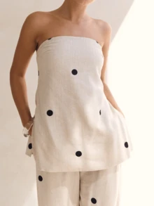 Women Streetwear Polka Dot 2 Piece Outfits Strapless Tube Top Double Slit Baggy Wide Leg Pants Set - 米色 - 查看 3