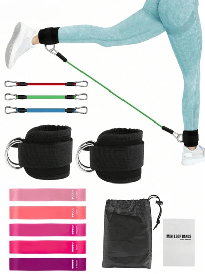 Conjunto de equipo de entrenamiento físico de 12 piezas, incluye anillo de tobillo elástico, 5 piezas Bandas Elásticas Fitness Resistencia para Hombre Mujer, banda de resistencia de cadera y pierna, Cintas Musculación de Látex Natural con Bolsa Almacenamiento, banda de resistencia con hebilla de tobillo con moldeador de glúteos y piernas, adecuado para el entrenamiento de fuerza de cadera y piernas, entrenamiento de resistencia y tensión de pierna, Yoga, Gimnasio